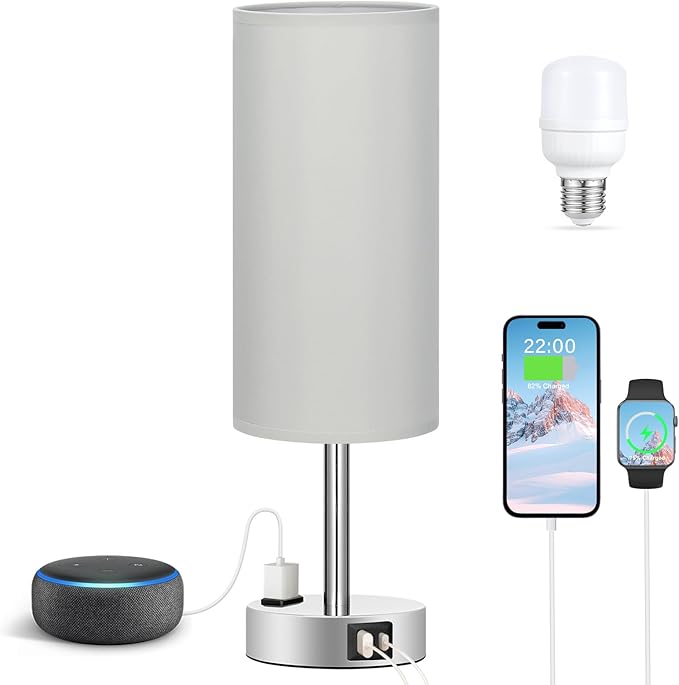 Fenmzee Light Grey Table Lamp for Nightstand - 3 Way Dimmable Touch Bedside Lamp USB C and A Charging Ports and AC Outlet, Small Desk Lamp with Silver Base for Office Nursery, LED Bulb Included - Bloomnest