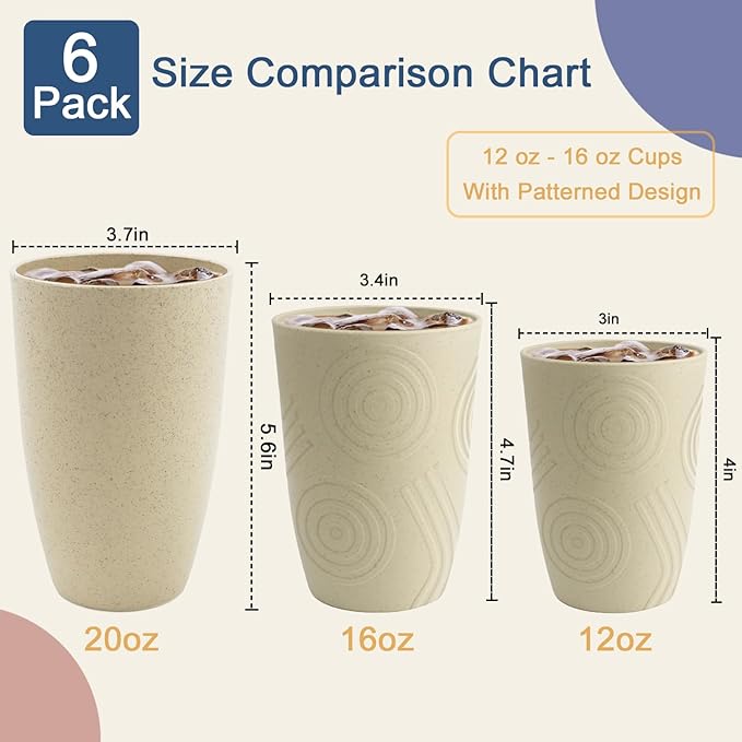 Wheat Straw Cups 20 OZ Large Capacity Set of 6, Unbreakable Drinking Cups Reusable, Alternative to Plastic CupSet, Dishwasher Safe Cups for Kitchen Water Tumblers (Beige) - Bloomnest
