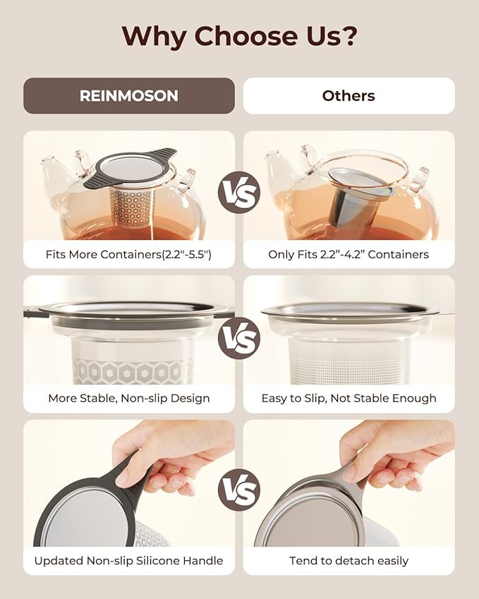Reinmoson 2 Pack Extra Fine Mesh Tea Strainers for Loose Tea Single Cup, 304 Stainless Steel and Food Grade Silicone Loose Leaf Tea Steeper Tea Strainers & Filters for Black Tea, Coffee, Rooibos, etc - Bloomnest