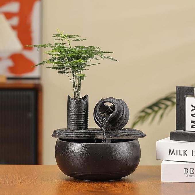Ceramic Tabletop Fountain Water Feature Fall Indoor and Outdoor Decoration (Black Pot A150) - Bloomnest