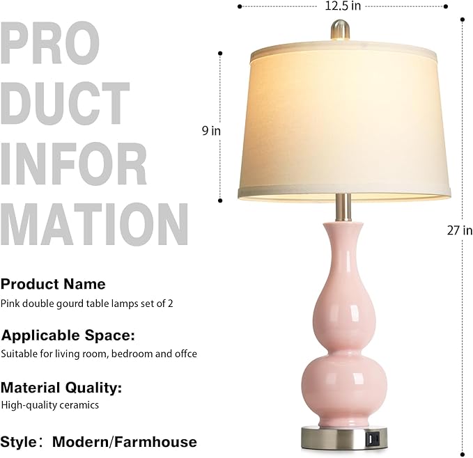 27" Pink Double Gourd Ceramic Lamps for Bedroom, Modern Ceramic Living Room Lamp with USB A+C Ports, Cute Bedside Table Lamps Set of 2, Tall Lamp for Night Stand Side End Table Home Decor - Bloomnest