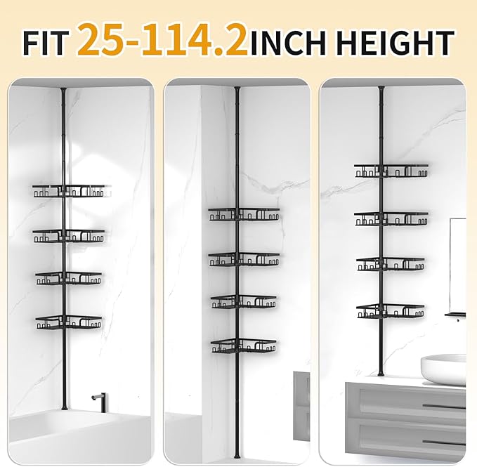 KEGII Adjustable Shower Caddy Corner Tension Pole, Rustproof Shower Rod Organizer with Hooks, Floor to Ceiling Tension Rod 25-114.2 Inch, Bathtub Storage Organizer for Shampoo, 4-Tier Black - Bloomnest
