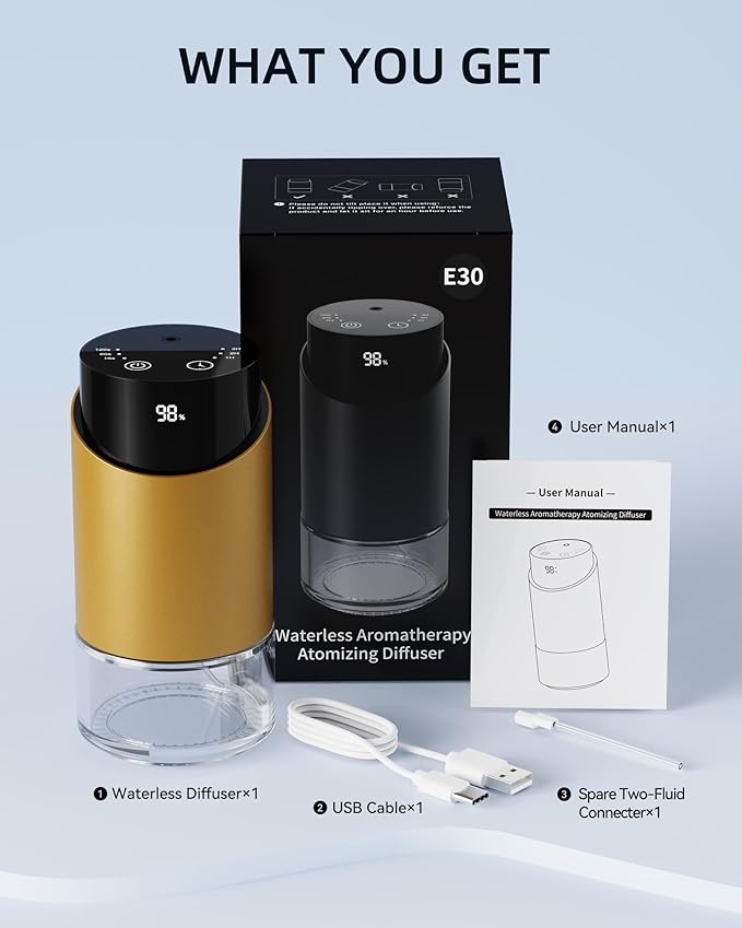 Waterless Essential Oil Diffuser Aromatherapy Scent Diffusers for Home Large Room, Car, Office, Desk, Mini Battery Operated Cordless Air Freshener, 4 Timers & 3 Mist Levels, 100ml Capacity (Golden) - Bloomnest