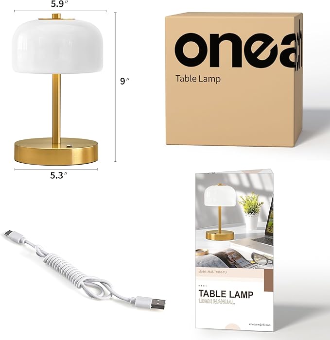 Oneach 9" Cordless Table Lamp, Gold Rechargeable Battery Operated Lamp, 3-Way Stepless Dimming Touch Lamps, Small Glass Bedside Nightstand Light for Bedroom Dining Table Living Room Shelf Decor - Bloomnest