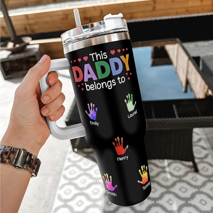 Personalized Dad Tumbler with Handle and Straw, Custom Handprint Design with Kids’ Names, Cute Father’s Day Gift from Children for Daddy or Papa - Bloomnest