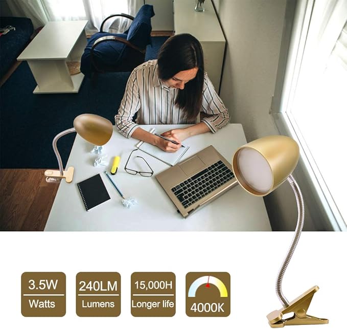 Energetic Clip on Lamp for Bed, Non-Dimmable Reading Light for Bed and Desk, 4000K Cool White, 3.5W 240 LM Flexible Gooseneck lamp, Eye Protection, ETL Listed, Gold - Bloomnest