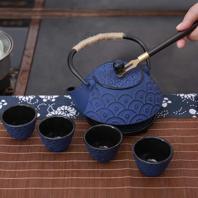 Japanese Style Cast Iron Teapot Set with 4 Tea Cups Iron Tea Kettle with Infuser Hemp Rope Trivet Asian Gift for Adults Parents (Fish Scale Pattern, Blue,Anti Rust) - Bloomnest