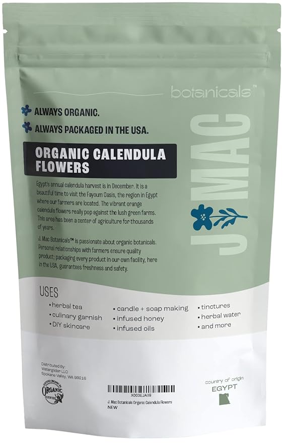 J Mac Botanicals, Organic Calendula Flower (4 ounce), whole dried flowers and petals, loose leaf tea, marigold flower, USDA Certified Organic. Great for loose leaf teas, cocktail bombs, salve - Bloomnest