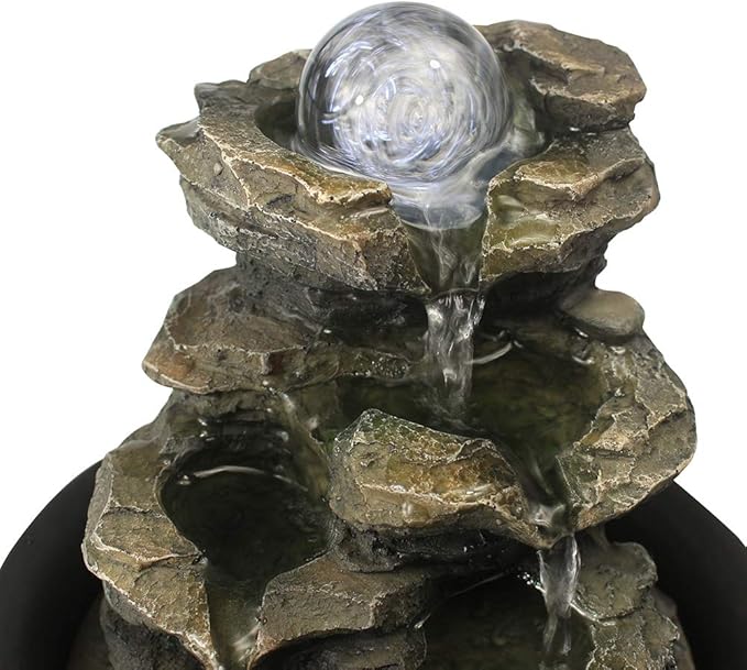 8.3" High 4-Tier Cascading Rock Falls Tabletop Water Fountain with LED Light & Spinning Ball - Indoor Small Waterfall Feature for Office, Home and Bedroom Desktop Decor Dark Grey - Bloomnest