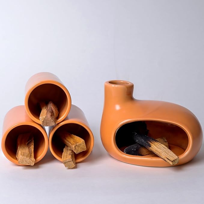 Palo Santo Holder Set with 3 Matchstick Holders - Modern Handcrafted Ceramic Incense Burner with Chiminea, Perfect for Meditation - Smudge Bowl for Palo Santo Sticks, Sage, and Cones. - Bloomnest
