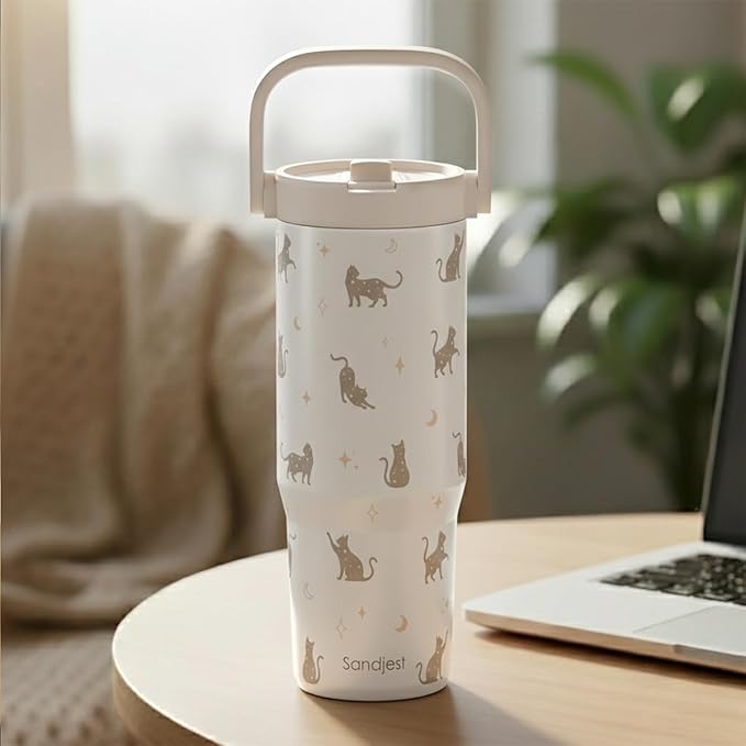 SANDJEST Cat Stainless Steel Straw Lid Tumbler 30oz with Carry Handle for Women Girls Cat Lovers, Insulated Travel Coffee Cup, Gift for Sports Outdoor Workout Christmas Birthday - Bloomnest