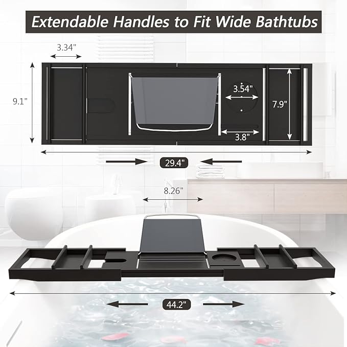 Domax Bathtub Caddy Tray Expandable Bamboo Tub Tray for Luxury Bath with Book Holder and Free Soap Dish Black - Bloomnest