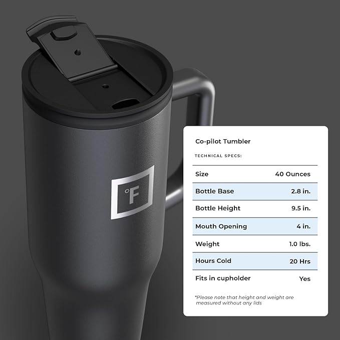 IRON °FLASK Co-Pilot Insulated Mug w/Straw & Flip Cap Lids - Cup Holder Bottle for Hot, Cold Drink - Leak-Proof - Water, Coffee Portable Travel Mug - Midnight Black, 40 Oz - Bloomnest