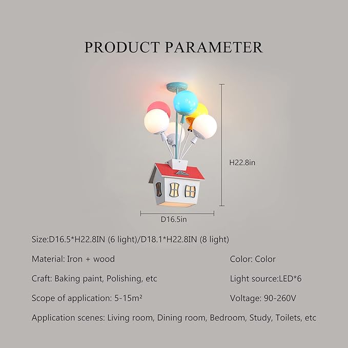 Kids House Shape Ceiling Light Colorful Balloon Wood Chandelier Cartoon House Shape with Acrylic lampshade Sputnik Ceiling Light for Girls Boys Kid's Bedroom (D16.5*H22.8IN (6 Light)) - Bloomnest