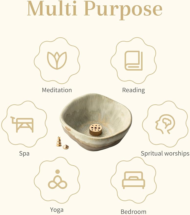 Incense Burner, Ceramic 4 in 1 Incense Holder, Unique Round Shape Incense Holder for Sticks, Handcrafted Incense Cone Burner with 3 Incense Sockets for Meditation Space, Yoga, Gray-Green - Bloomnest