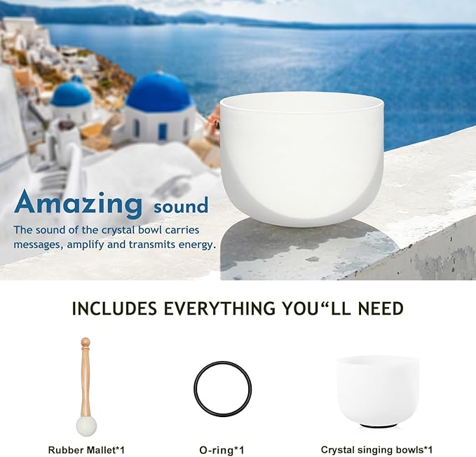Singing Bowl 8 Inch E Note Solar Plexus Chakra Frosted Quartz Crystal Sound Bowl Mallet and O-ring For Sound Healing Meditation - Bloomnest