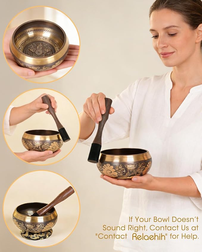 Tibetan Singing Bowls Set Authentic - Handmade in Nepal Sound Bowl for Yoga, Chakra, Meditation, Stress Relief Tool, Meditation Accessories and Unique Gifts for Women, Men RelaehihforEveryone