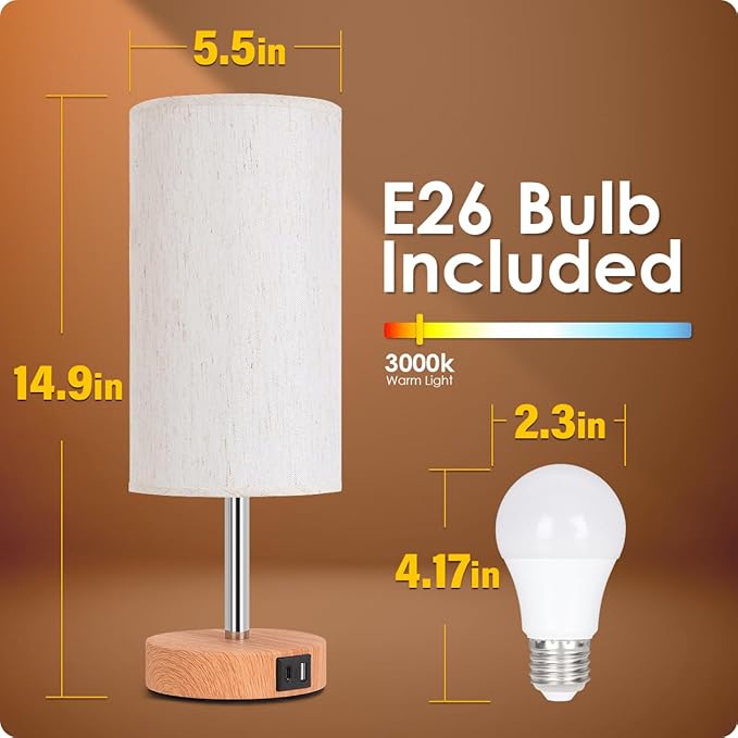 Yarra-Decor Bedside Lamp with USB A+C Port - Touch Control Table Lamp for Bedroom Wood 3 Way Dimmable Nightstand Lamp with Round Flaxen Fabric Shade for Home Office (LED Bulb Included) - Bloomnest