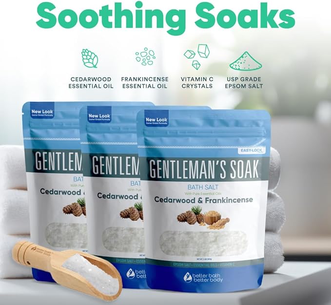 Gentleman's Bath Salt (3-Pack Plus Scoop) Bath for Men with Pure Essential Oils in BPA Free Pouch with Press-Lock Seal Made in USA 3-Pack of 2-lbs, 6-lbs Total - Bloomnest