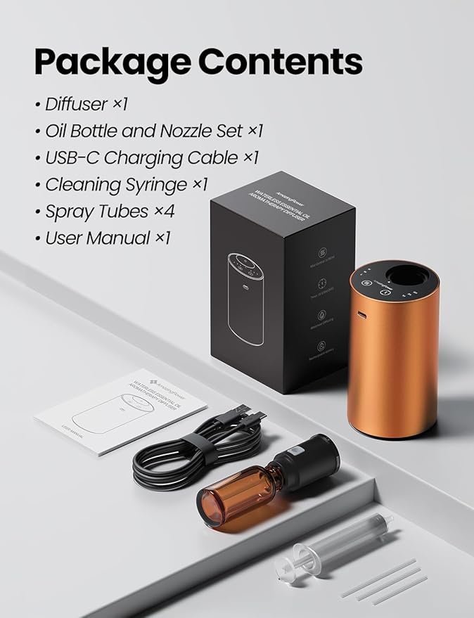 Waterless Essential Oil Diffuser, Rechargeable Scent Diffusers with 3 Mist Levels & Timers, Portable Aromatherapy Diffuser for Home Car Room Studio Office, Cosmic Orange - Bloomnest