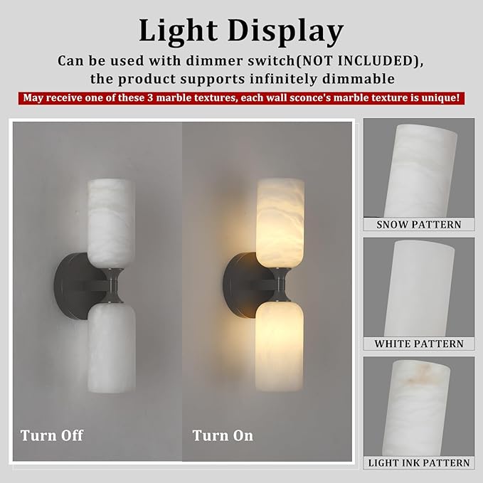 Alabaster Wall Sconce 14in Antique Brass Sconces Wall Lighting, Imported Alabaster Modern Marble Bathroom Vanity Sconces, Black Sconce Wall Decor, For Bedroom Living Room Staircases Hallway Foyer - Bloomnest