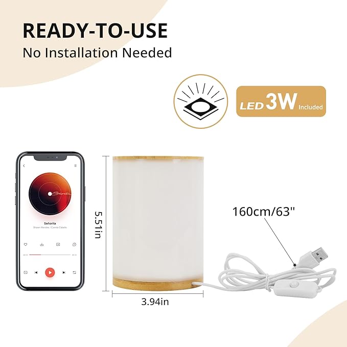 Mini Bamboo Bedside Table Lamp with10 Brightness & 3 Color Temperatures,Cozy PC Shade,Soft Ambient Nightstand Night Light for Bedroom,Kids Room,Bedroom,Dorm,Nursery - Bloomnest