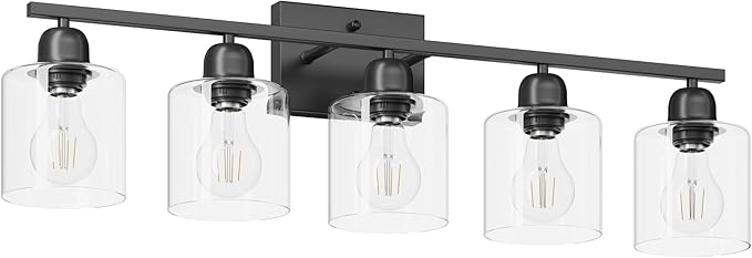 Modern 5 Light Bathroom Vanity Light, 31 inch Black Bathroom Light Fixtures with Clear Glass for Mirror Kitchen Living Room Hallway Cabinet Porch - Bloomnest