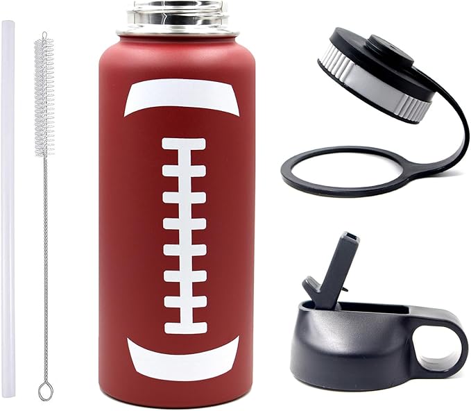 32 oz Football Water Bottle with Straw, Wide Mouth Sports Flask Metal Travel Tumbler with 2 Lids, Stainless Steel Double Wall Vacuum Insulated Thermo Water Bottles, Football Gear Gifts for Boys Girls - Bloomnest