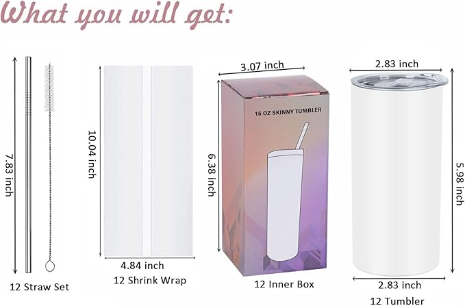 15 Oz Sublimation Tumblers (12 Pack), Skinny Straight Kids Tumblers, Individually Gift Boxed, White - Bloomnest