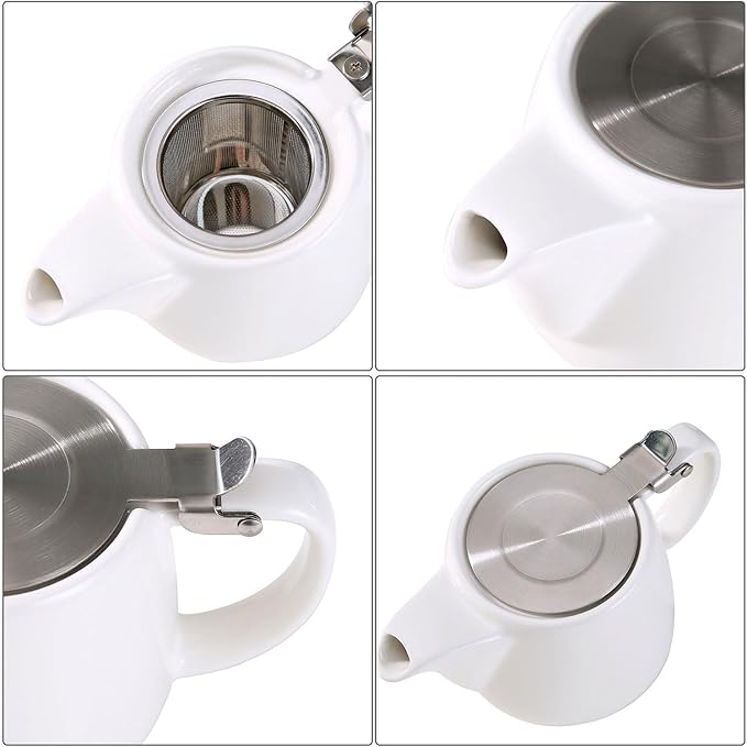 Ceramic Teapot With Stainless Steel Infuser, Heat Resistant, Perfect Tea Maker, White, 500ml/17oz - Bloomnest