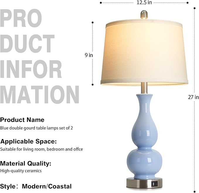 27" Blue Gourd Ceramic Lamps Set of 2, Coastal Ceramic Table Lamps for Living Room with USB A+C Ports, Classic Bedside Lamp for Nightstand, Tall Lamps for Bedroom Side End Table Home Decor - Bloomnest
