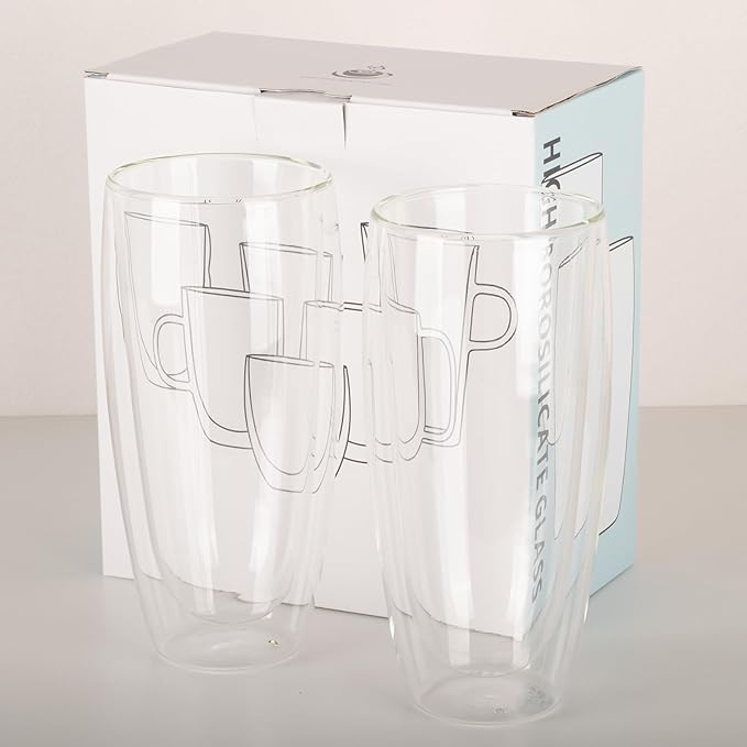 18.5oz Glass Coffee Mugs Set of 2, Double Walled Espresso Cups for Latte Cappuccino Cocoa Milk Cafe Juice, Clear Glass Tea Cup Set Glassware Gift for Christmas Birthday (18.5oz-2Pack) - Bloomnest