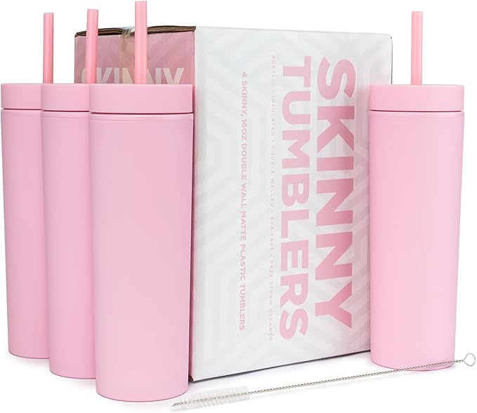 STRATA CUPS Pink Skinny Tumblers with Lids and Straws (4 pack) - 16oz Matte Pastel Colored Acrylic Tumblers with Lids and Straws, Double Wall Skinny Tumbler Bulk, Reusable Cup with Straw Cleaner - Bloomnest