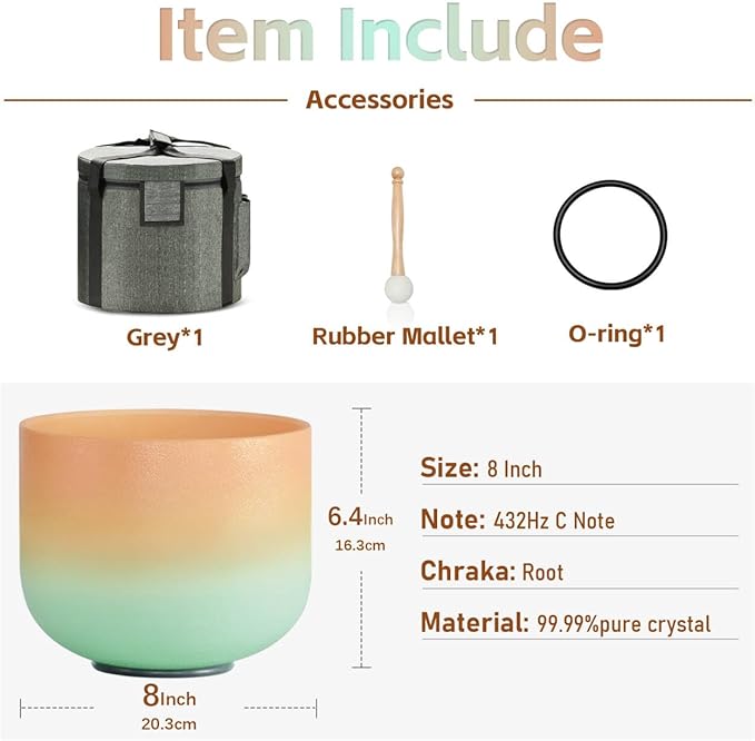 432HZ 8 Inch C Note Root Chakra Desert Sunset Colored Frosted Quartz Crystal Singing Bowl Meditation Therapy Sound Healing Bowl with Carrying Case and Rubber Mallet O-ring - Bloomnest