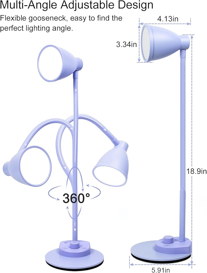 BOHON LED Desk Lamp with USB Charging Port, 3 Color Modes Fully Dimmable Reading Lamp, Auto Dimming Task Lamp, Flexible Gooseneck Table Light for Office Dorm Bedside, Adapter Include, Lilac Purple - Bloomnest