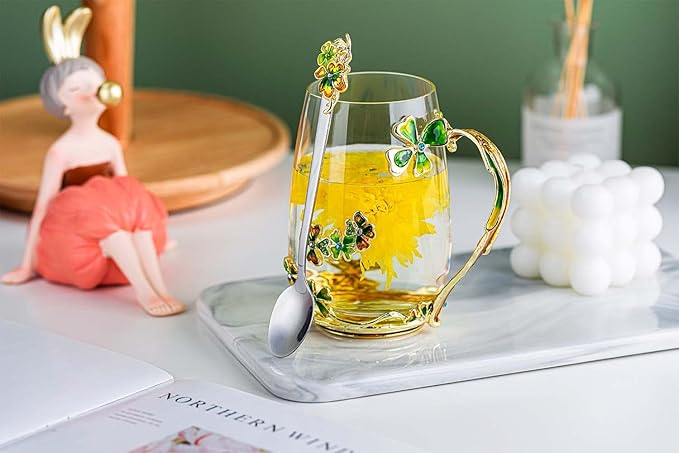 Luka Tech four-leaf clover flower Glass Coffee Mugs Tea Cup with Spoon, Unique Gifts For Women Wife Mom Friends Birthday Mothers Valentines Day Christmas (Green) - Bloomnest