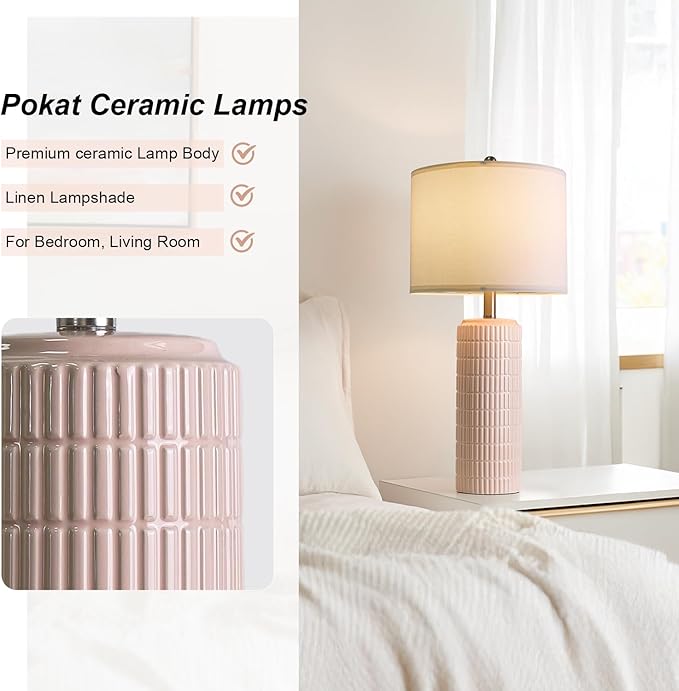 PoKat 27.5" Pink Ceramic Table Lamps for Girls Room Set of 2, Modern Bedroom Lamps, Bedside Lamps for Night Stands Living Room, Cute Lamps Pink Decor, Nightstands Desk Nursery - Bloomnest