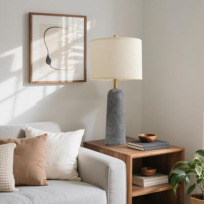 BOBOMOMO 27.25" Modern Table Lamp Set of 2, Gray Resin Lamp with Natural Stone Look, Travertine Lamps for Living Room with Linen Shades, Nightstand Lamp for Bedroom, Living Room, Entryway - Bloomnest