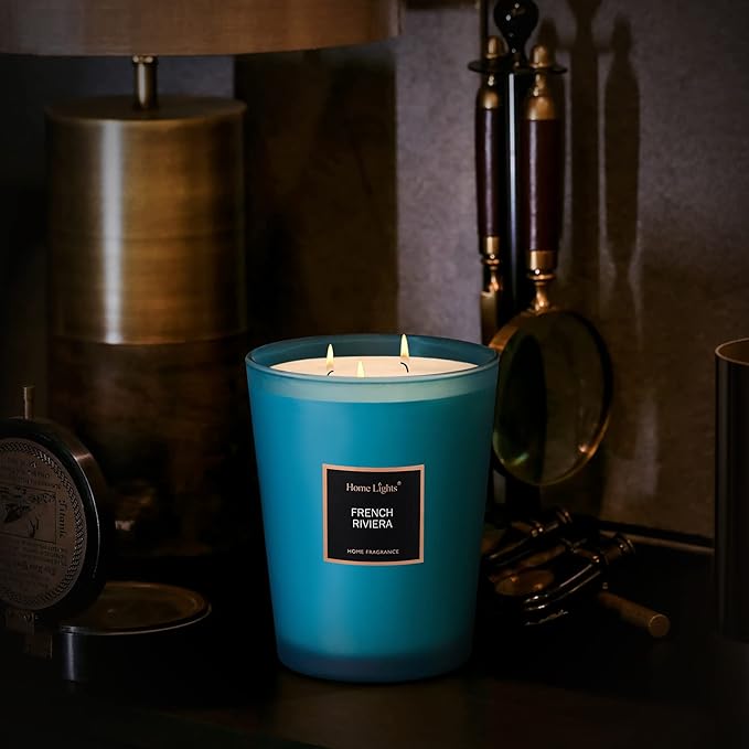 HomeLights Scented Candles | Large Jar Candle - 33.3 Oz. Natural Soy Aromatherapy Candles | Up to 130 Hours Burn Time with 3 Cotton Wicks,Home Decorative Fragrance Candles Gift - French Riviera - Bloomnest