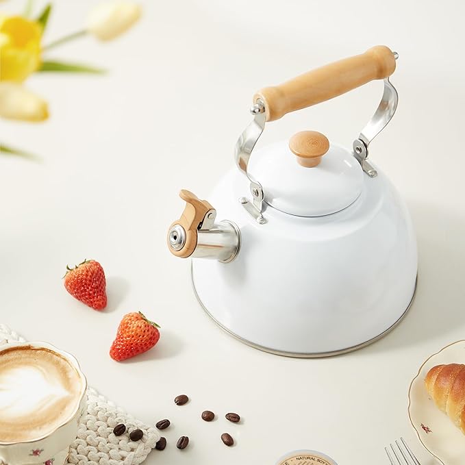 ROCKURWOK Tea Kettle, Tea Pot with Cool Touch Ergonomic Handle, Teapot Food Grade Stainless Steel, Tea Kettle Stovetop, Kettle Teapot, Whistling Tea Kettle, Tea Pot, 2.7 Quart (White) - Bloomnest