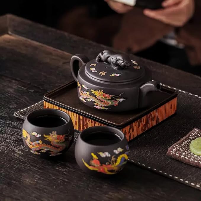 Hand-made Dragon and Phoenix Color-changing Purple Clay Teapot – Chinese Kung Fu Tea Set, Tea Lover’s Gift, Large Capacity (Teapot + 2 Cups - Gift Box Set) - Bloomnest