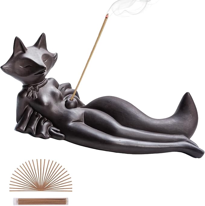 ChangWanna Incense Holder for Sticks - Funny Fox Insence Burner Ash Catcher, Cute Ceramic Insense Stand with 45 Sandalwood Incense Sticks for Aromatherapy/Yoga/Meditation/Home Living Room Office Décor - Bloomnest