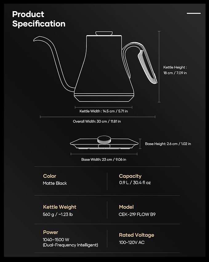Cocinare FLOW B9 Gooseneck Electric Kettle, Precise Temperature Control for Pour-Over Coffee & Tea Brewing, Stainless Steel Interior, Rapid Heating for Boiling Water, 1500W/0.9L (Matte Black) - Bloomnest