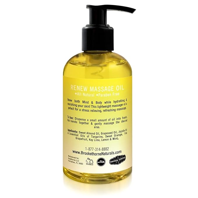 Renew Massage Oil with Orange, Lemon & Peppermint Essential Oils - Great for Massage Therapy or Home use. Ideal for Full Body – with Almond, Grapeseed & Jojoba – by Brookethorne Naturals - Bloomnest