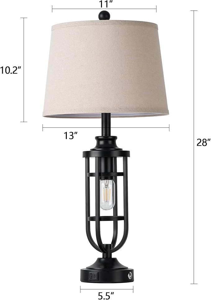 28" Table Lamps for Living Room Set of 2, Farmhouse Lamps for Night Stands with USB A+C, Bedside Lamps for Bedroom End Tables, Bulbs Included, Black - Bloomnest
