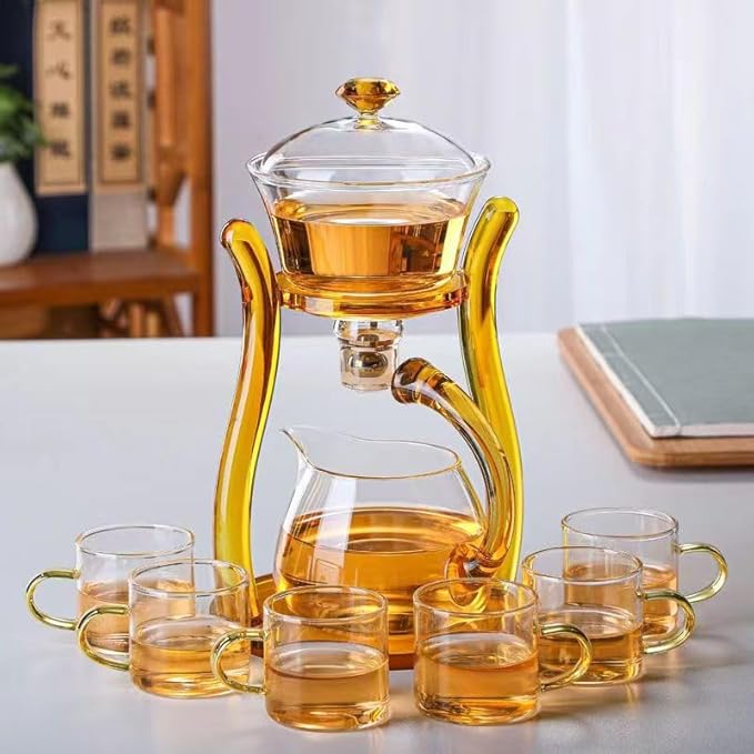 Mozeo Lazy Kungfu Teapot Glass Semi-automatic Tea Maker Suction Automatic Water Brewing Teapot Office Flower Glass Tea Set (Yellow with cups) - Bloomnest
