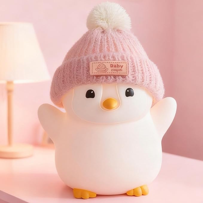 Penguin Night Light, Cute Pink Penguin Lamp with Knit Hat, Soft Silicone Nursery Nightlight for Baby, Rechargeable/Dimmable/Timer,LED Squishy Novelty Animal Bedside Lamp,Funny Gifts for Kids - Bloomnest