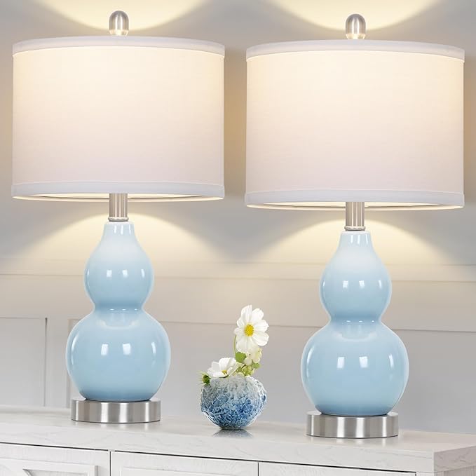 22" Double Gourd Ceramic Table Lamps Set of 2, Blue Modern Bedside Lamps for Living Room, Contemporary Nightstand Desk Lamps for Bedroom End Table Home Office Study Room Decor(2 LED Bulbs Included) - Bloomnest