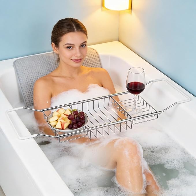 Cabilock Bathtub Tray - Stainless Steel Bathtub Caddy, Expandable Extra Wide Bath Tub Organizer, Rust-Resistant Over The Tub Shelf Rack with Non-Slip Grips for Phone Book Wine Glass, Silver - Bloomnest