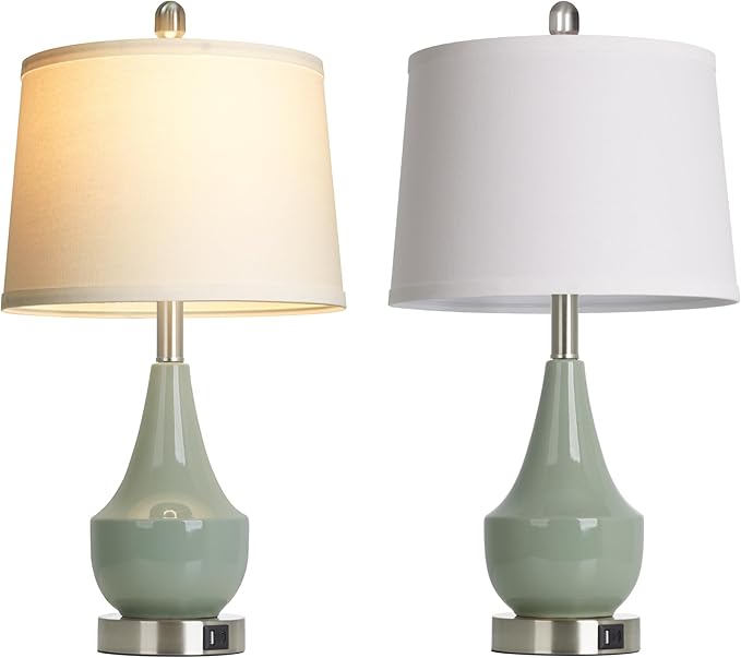 Modern Green Table Lamp Set of 2, 24" Ceramic Table Lamp with USB A+C Ports,Classic Beside Lamps Nightstand Lamp Modern Lamp for Living Room, Bedroom & Office -LED Bulbs Included - Bloomnest